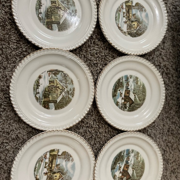 Harkerware USA Since 1840 Currier & Ives Scene Bread/Dessert Plates-Gold Trim - Picture 4 of 6
